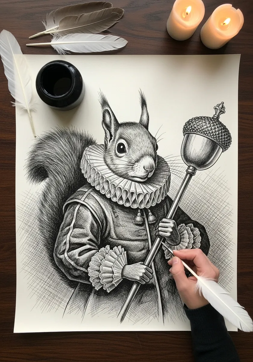 Detailed pen drawing of a squirrel in a ruffed collar holding an acorn like a royal scepter