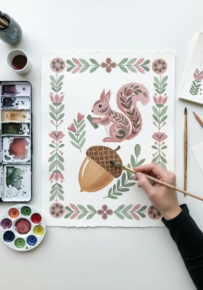 Squirrel and acorn painted in soft pink and green inside a repeating Scandinavian floral border