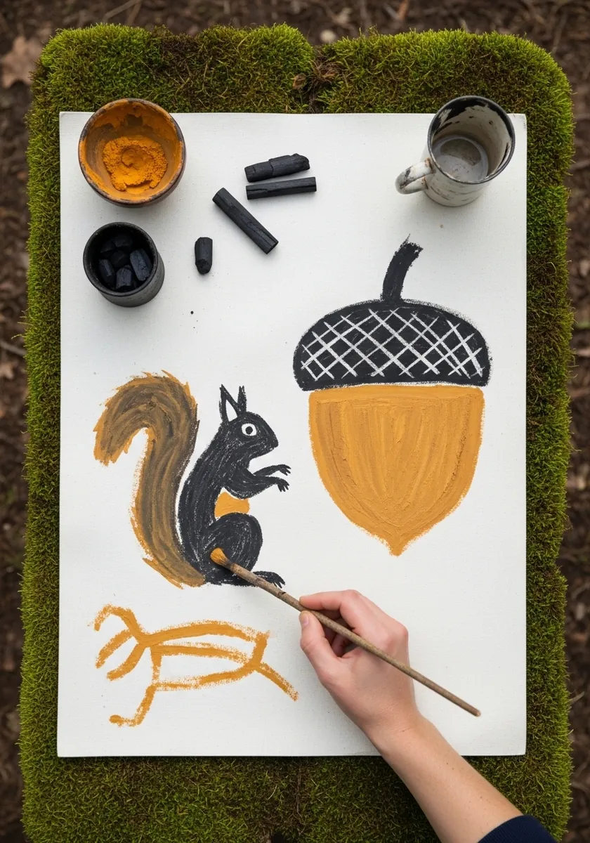 Flat painted black squirrel and a large golden acorn on white paper laid over green moss