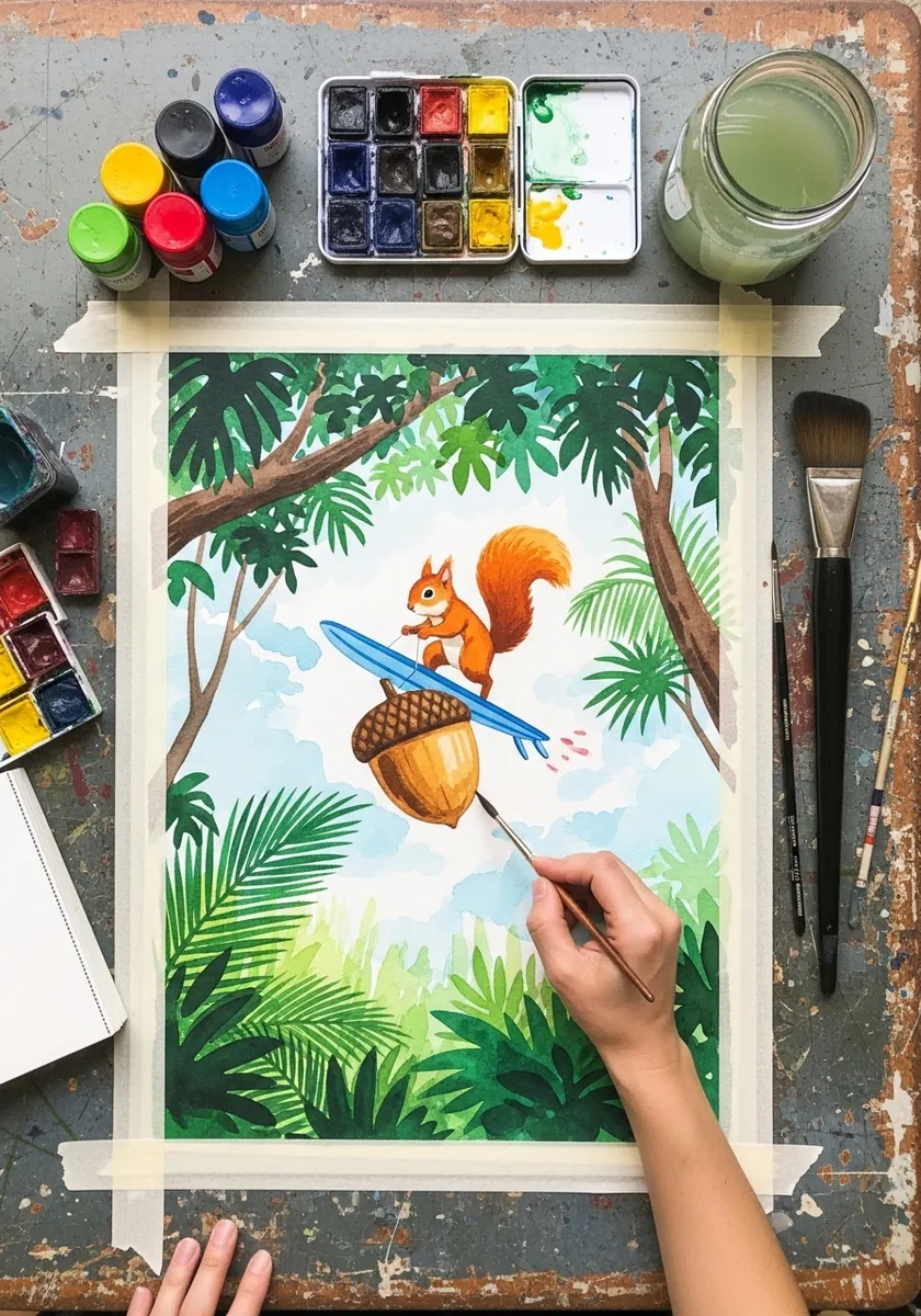 Watercolor squirrel with an acorn on a branch among bright green tropical leaves and blue sky