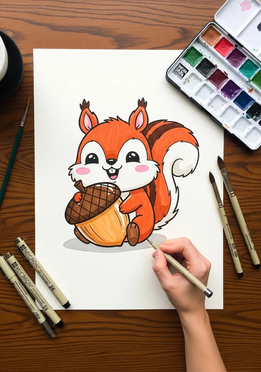 Cartoon squirrel with a thick black outline holding a brown acorn against a white background