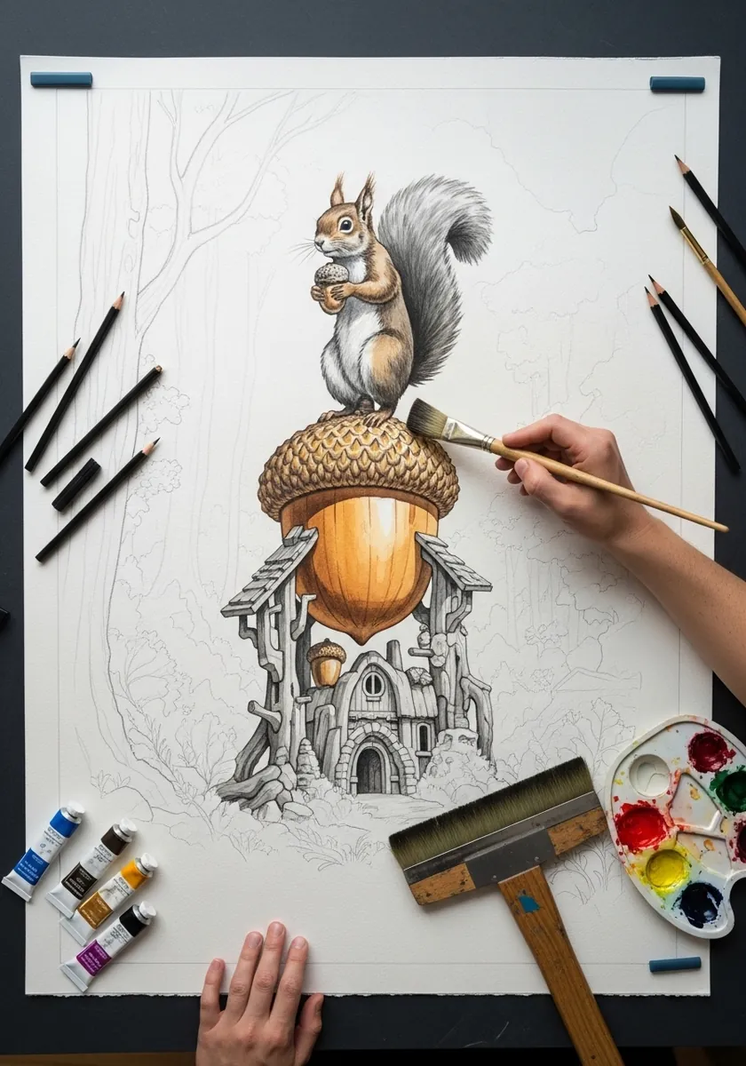 Pencil drawing of an ornate castle built inside a giant acorn with a squirrel on the roof