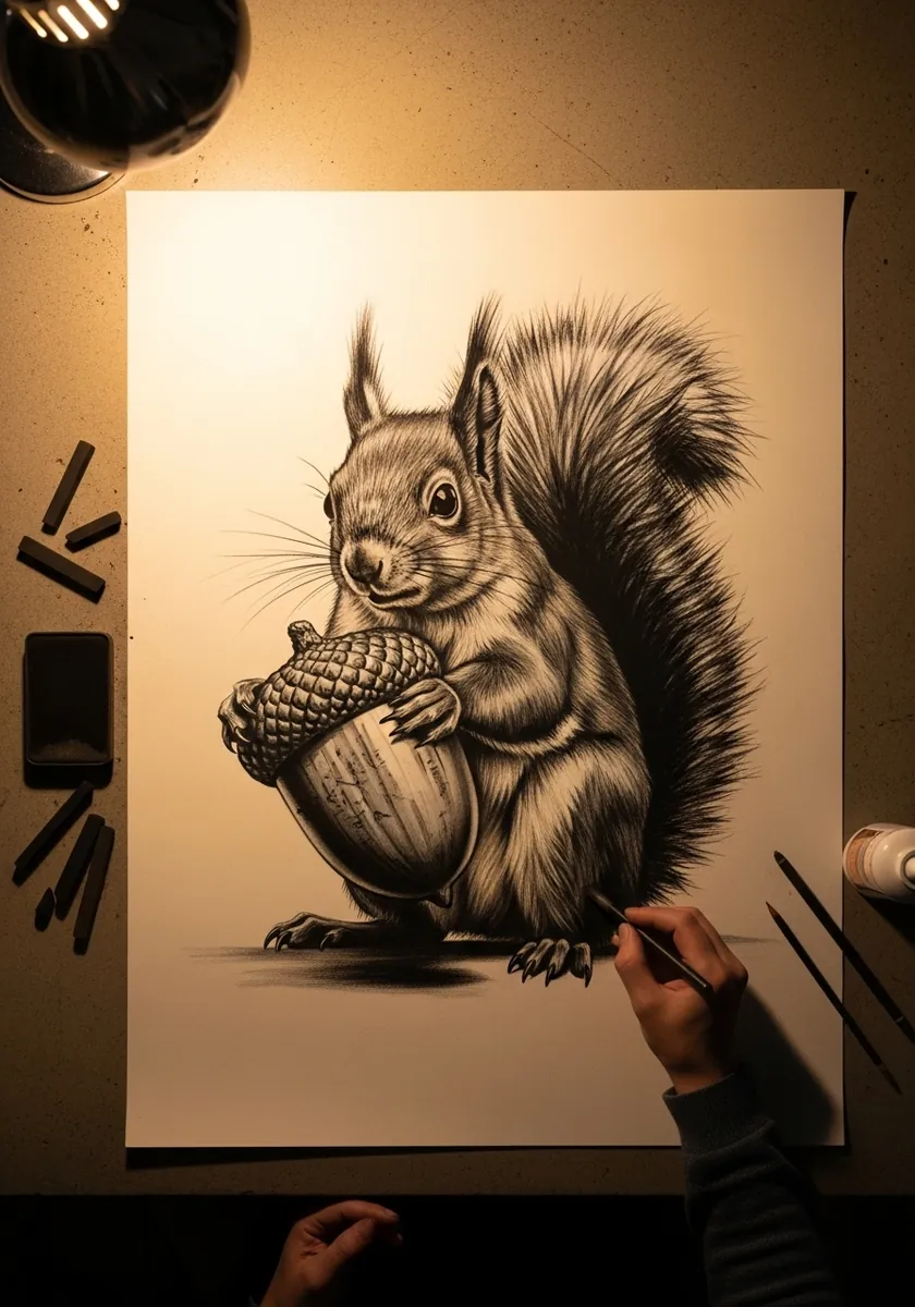 Charcoal drawing of a squirrel clutching a huge acorn lit dramatically against a dark background
