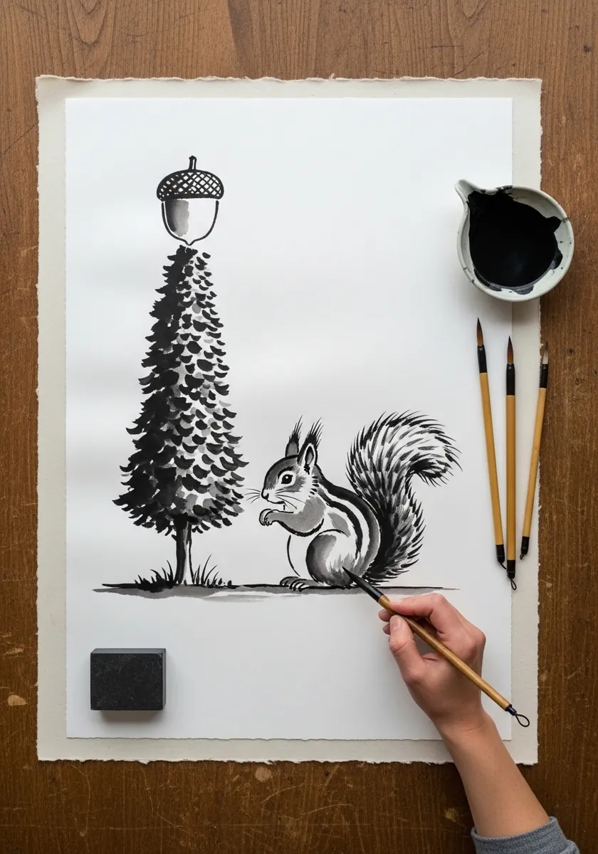 Simple ink drawing with a pine tree, a hanging acorn and a small squirrel on white paper