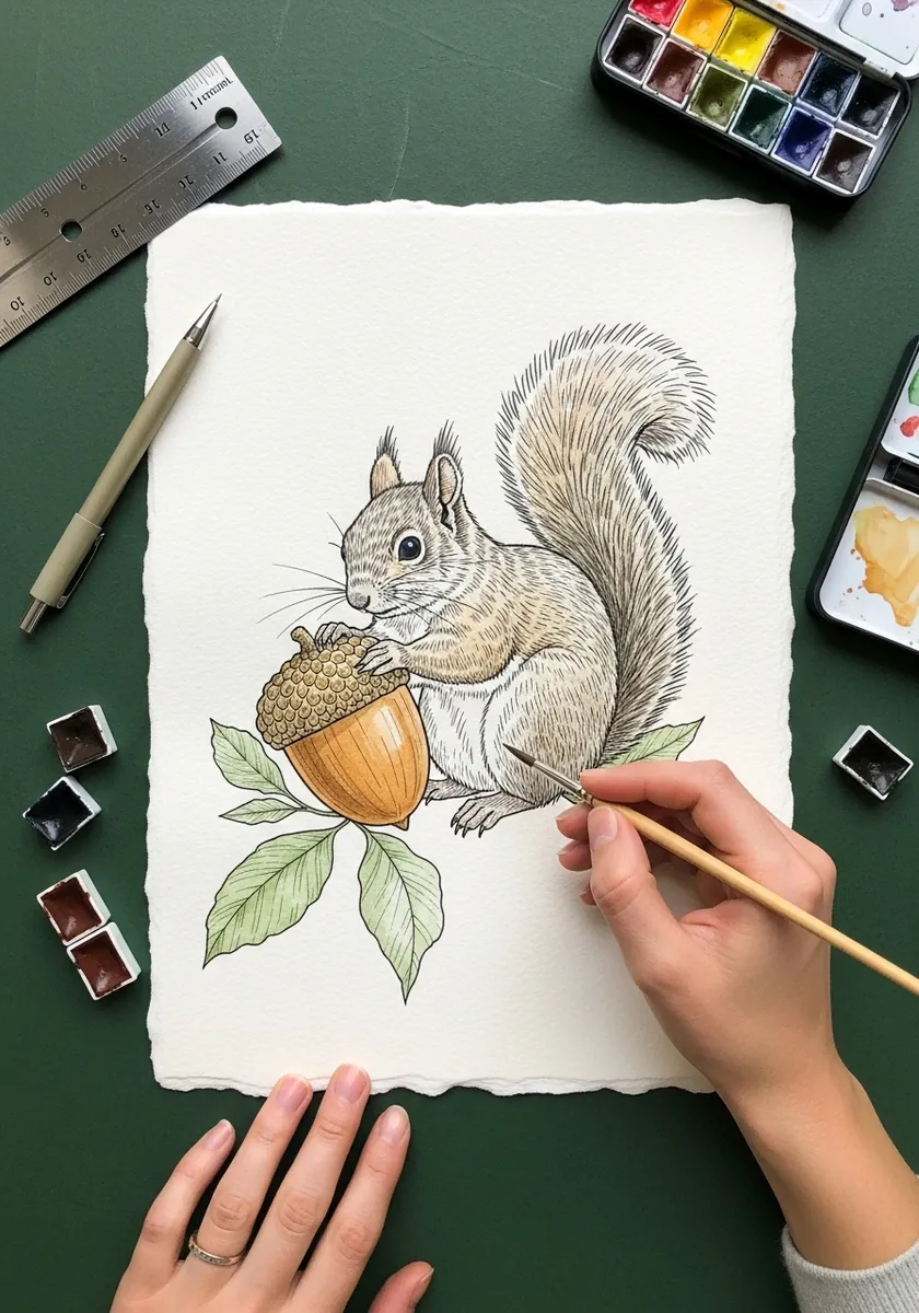 Pencil squirrel drawing with the acorn and oak leaves picked out in soft color on deckle edged paper