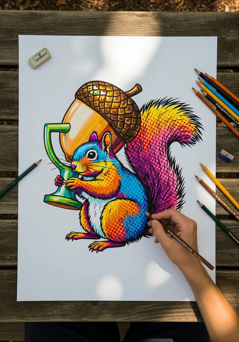 Brightly colored psychedelic squirrel drawing in neon rainbow tones with a large acorn