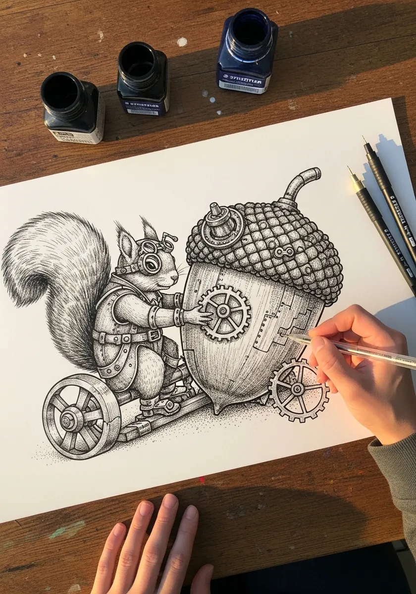 Ink drawing of a squirrel operating a mechanical acorn cart with gears and wheels