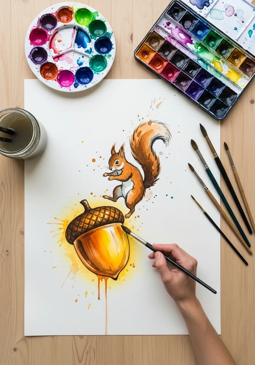 Loose watercolor painting of a bright yellow acorn with a small squirrel leaping above it