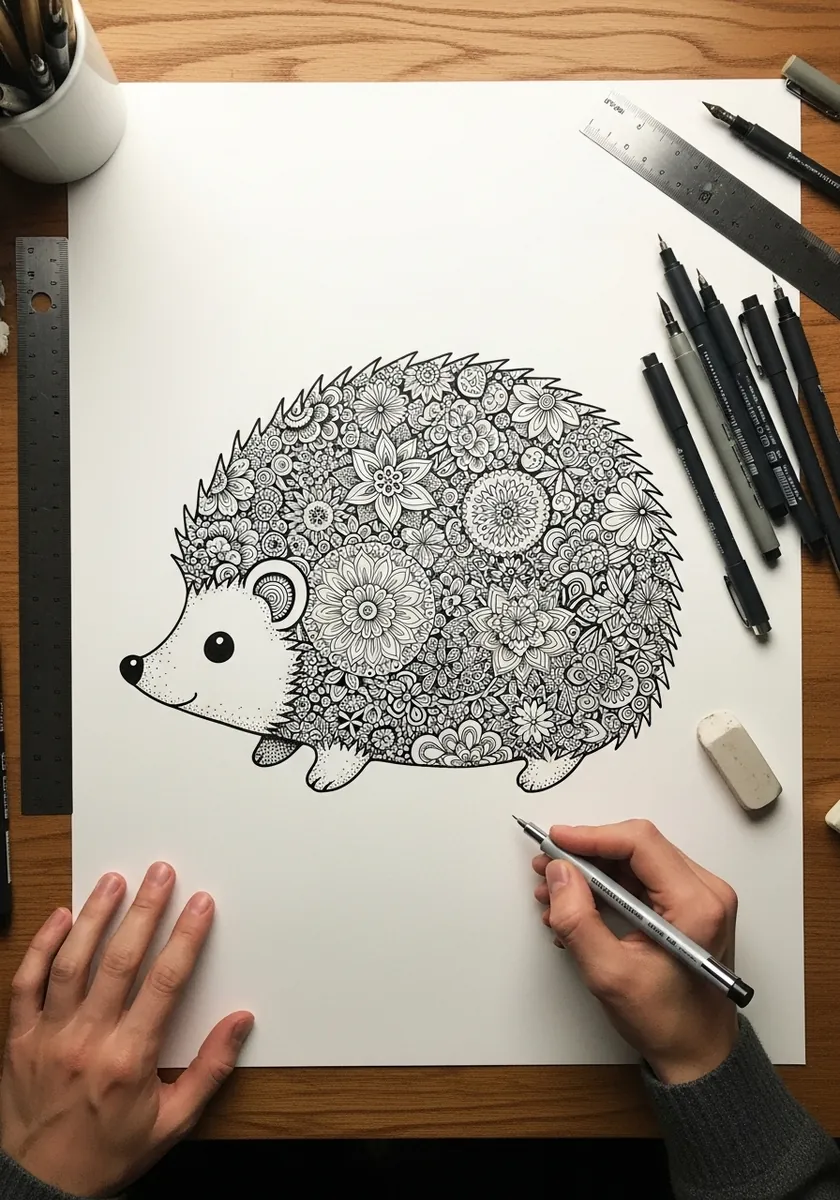 Round hedgehog covered in intricate mandala patterns drawn in fine black ink
