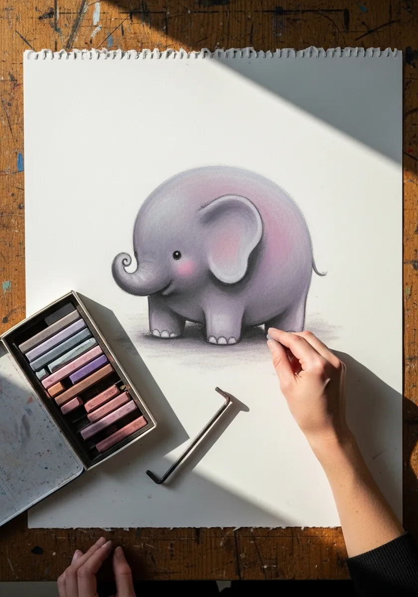 Pale purple elephant blob drawn in soft pastel with a box of pastels on the desk