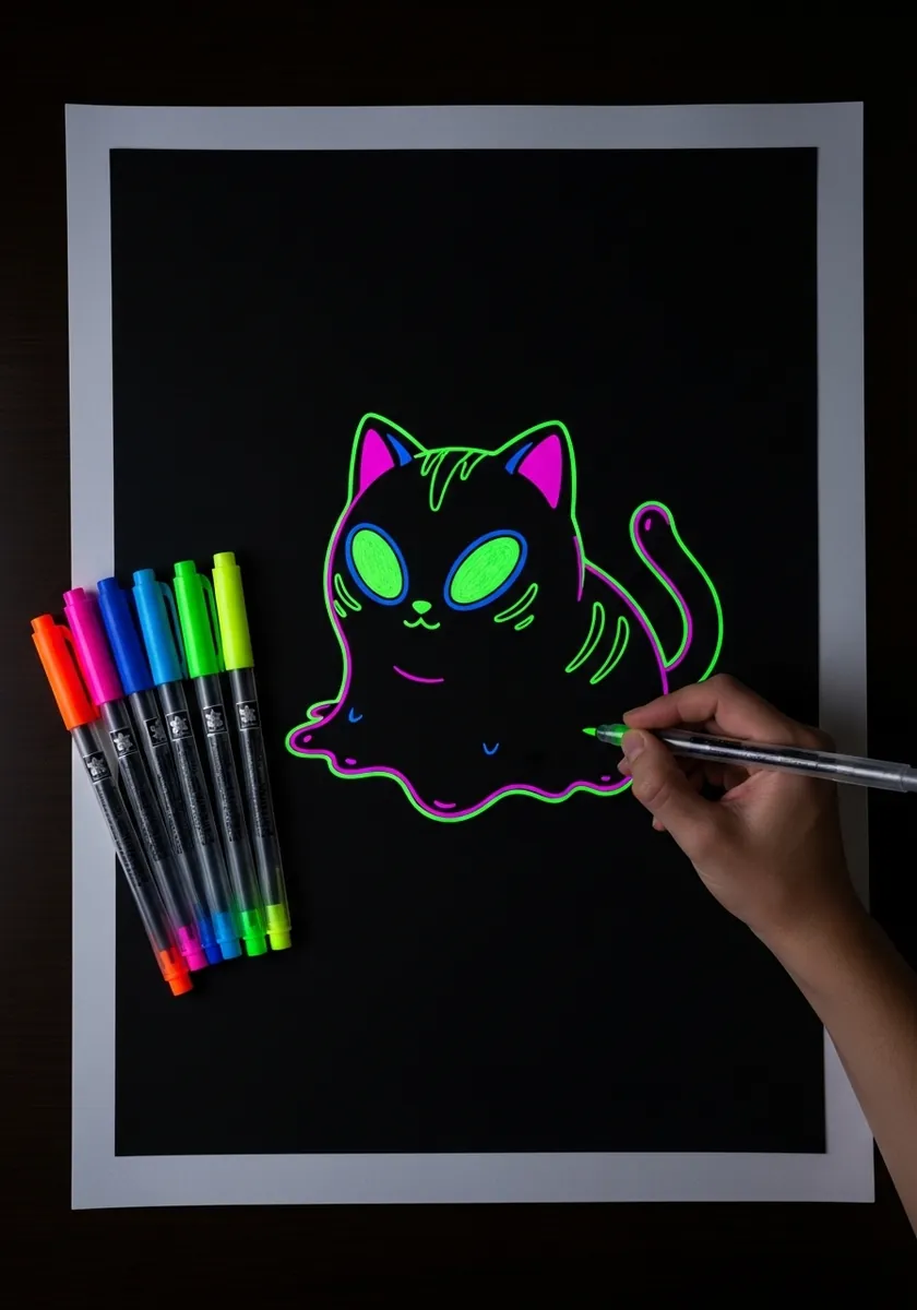 Bright green and pink neon cat blob drawn with fluorescent markers on black paper