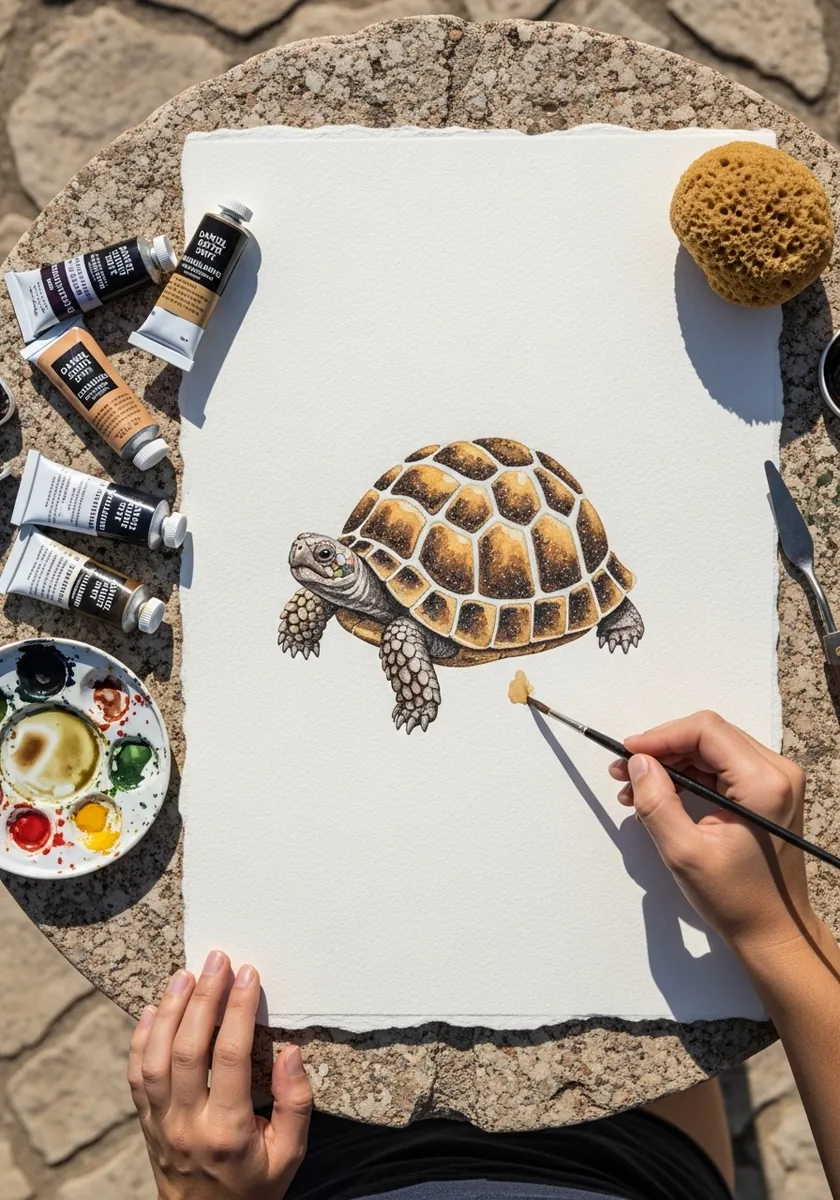 Round tortoise with a patterned shell painted in warm acrylic tones on white paper