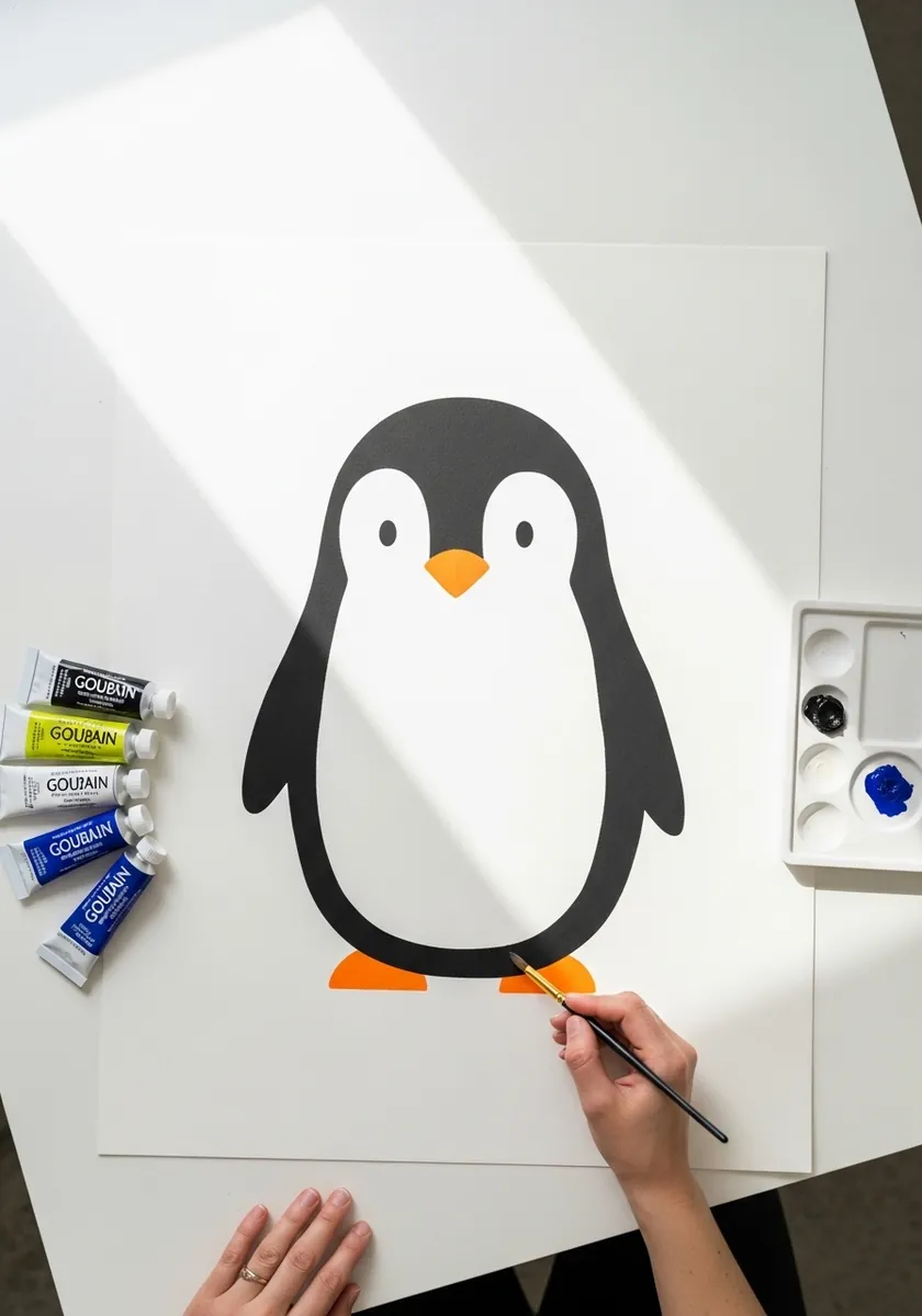 Simple flat black and white penguin shape with an orange beak and feet on white paper