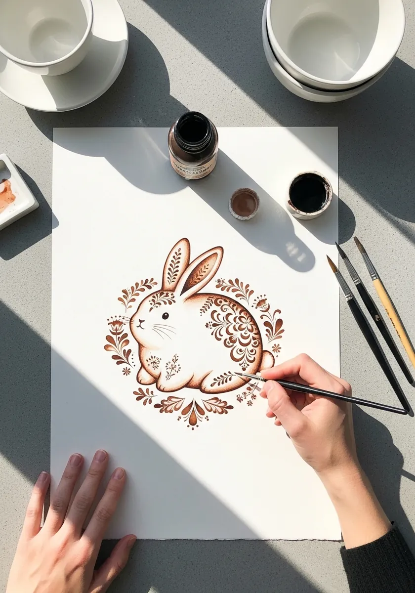Round rabbit drawn in warm sepia ink inside a decorative circular floral border