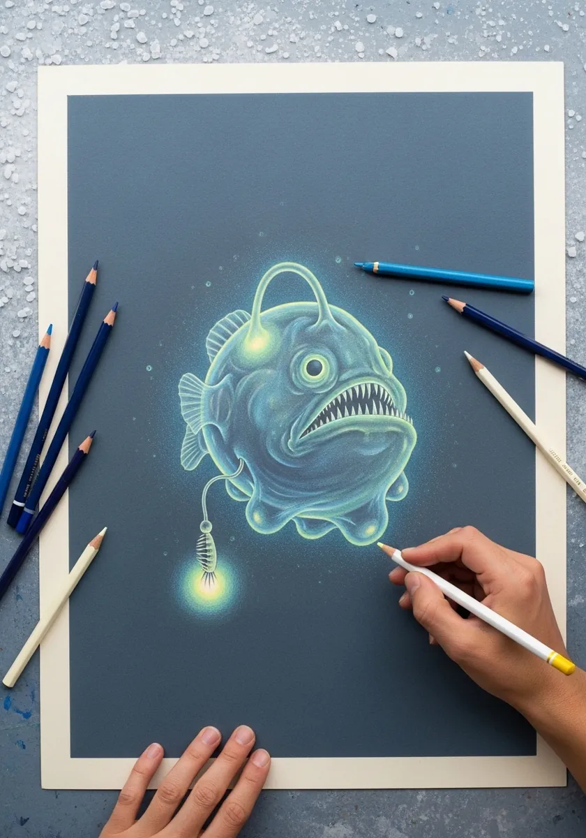 Pale glowing anglerfish blob with a lure and sharp teeth drawn on blue gray paper