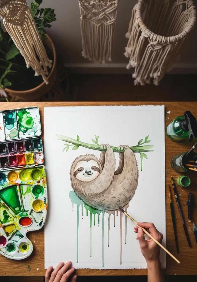 Watercolor sloth hanging from a branch with green paint running down the page below