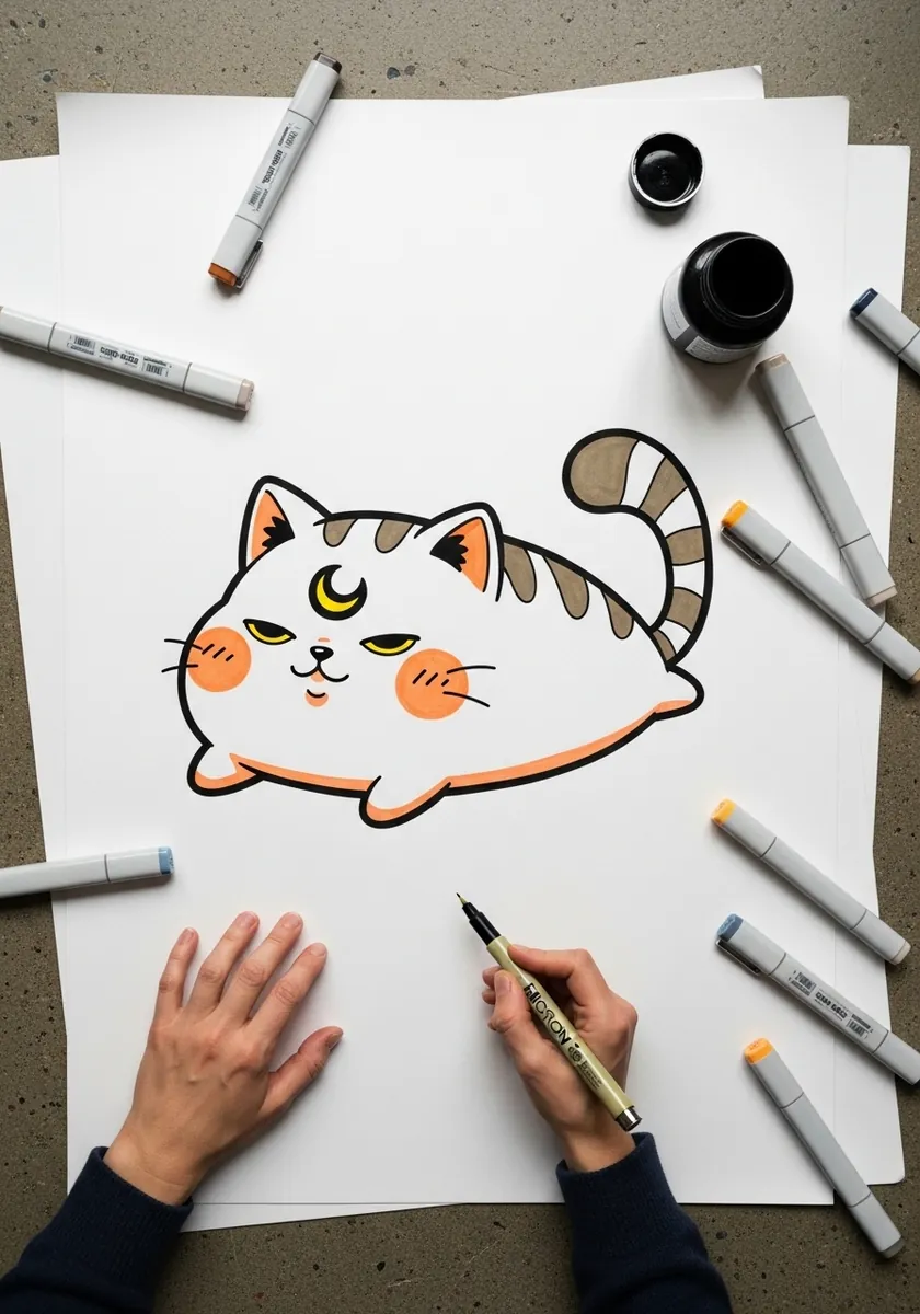Cartoon cat blob drawn in marker with a striped tail and round blushing cheeks
