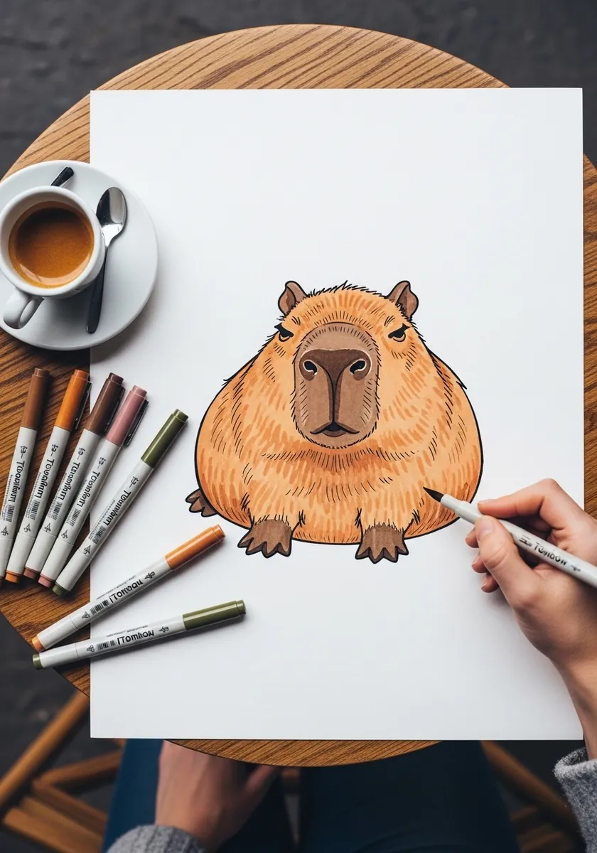 Calm brown capybara drawn as a rounded rectangular blob in marker on white paper