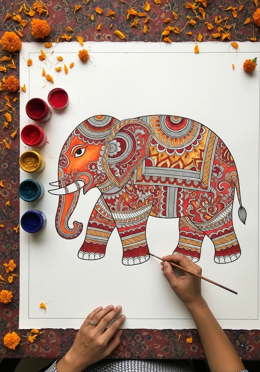 Elephant covered in detailed red and orange folk patterns painted with marigolds nearby
