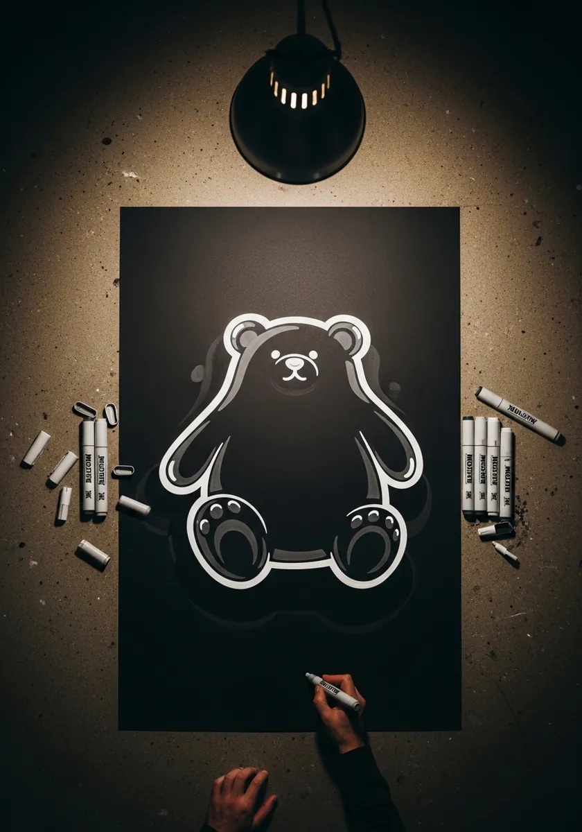 Soft white outline of a sitting teddy bear glowing against a dark background