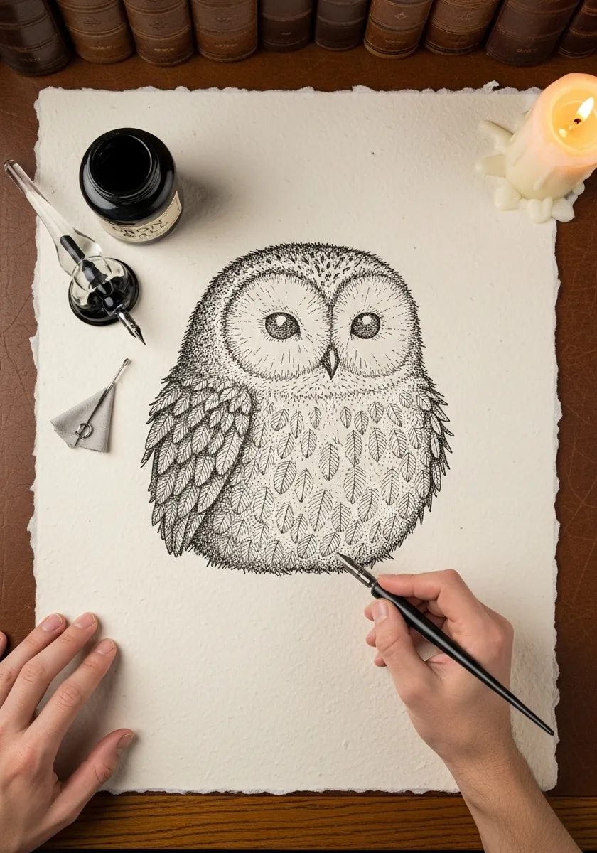 Round fluffy owl with large eyes drawn in careful graphite on textured white paper