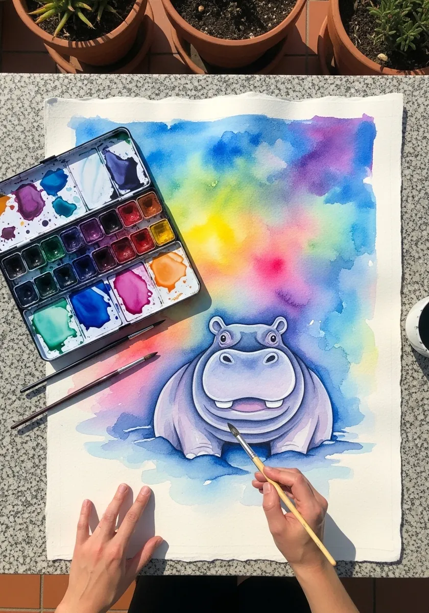 Purple hippo blob painted against a bright rainbow watercolor wash background