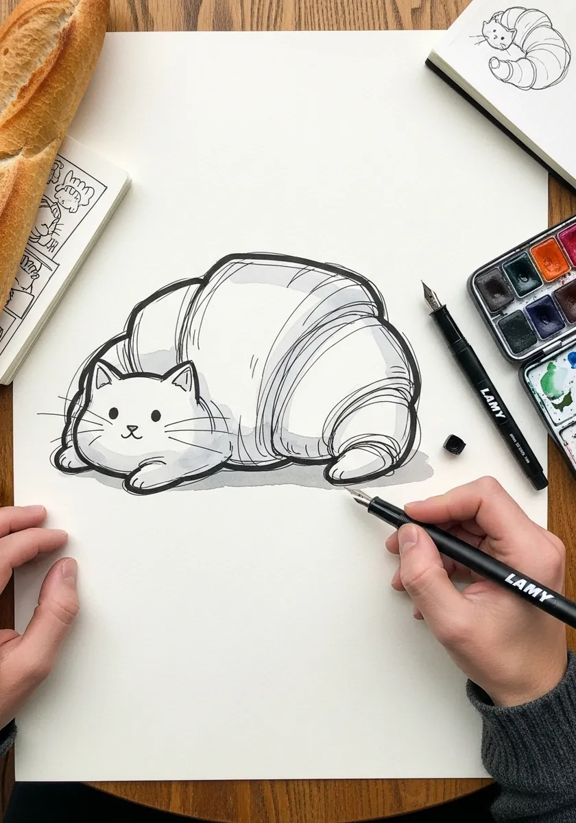 Simple line drawing of a cat curled into a croissant shape on white sketchbook paper