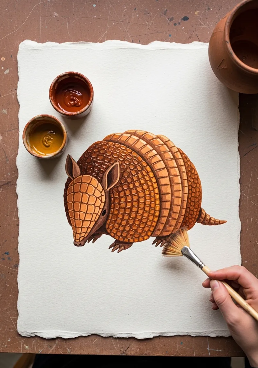 Golden ochre armadillo with banded shell plates painted on cream colored paper