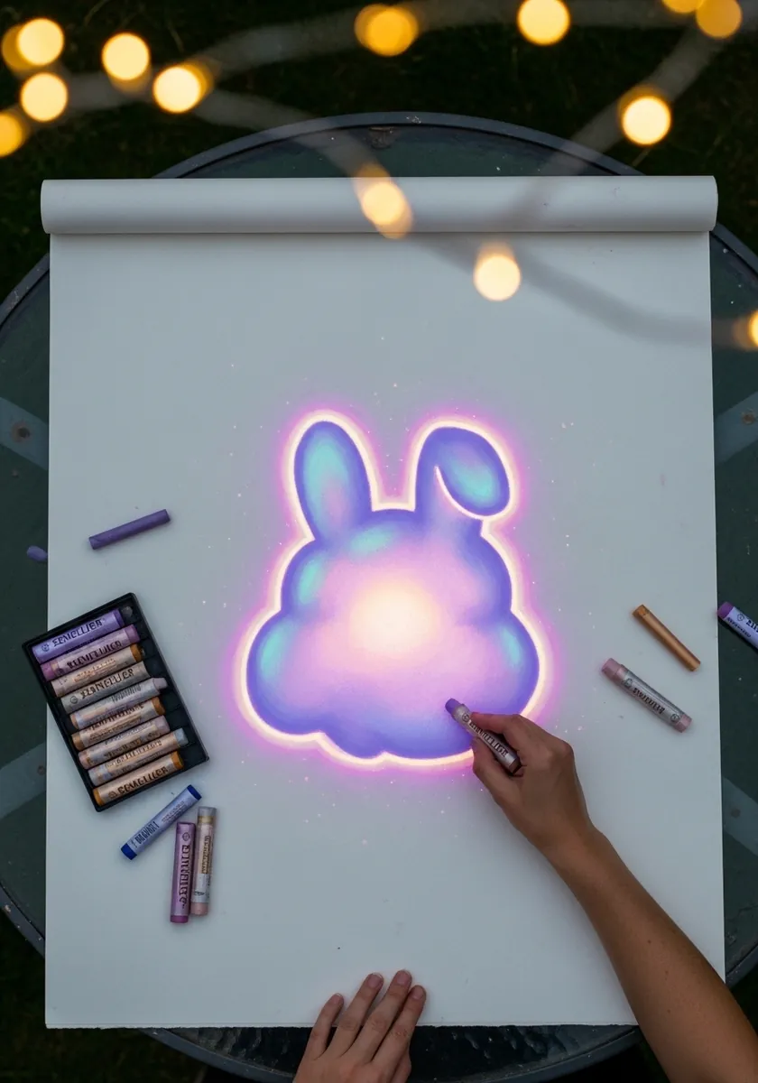 Rabbit blob glowing in pink and purple pastel with fairy lights around the desk