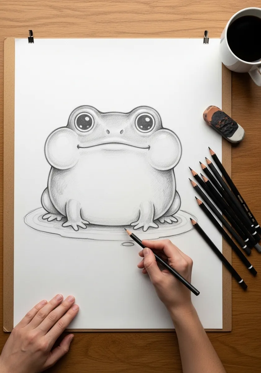 Detailed pencil drawing of a wide round frog with large eyes sitting on white paper