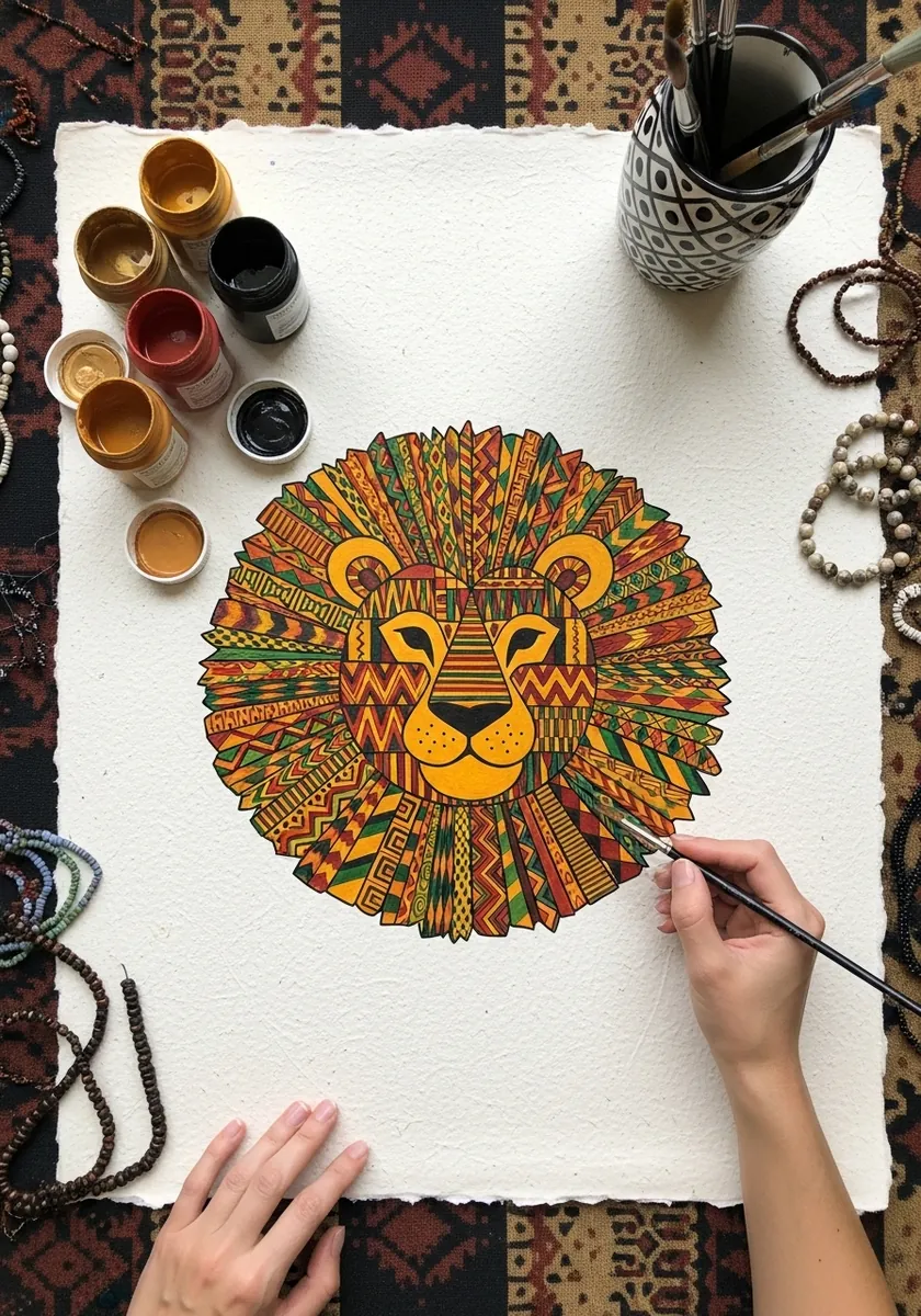 Lion face drawn as a circular mandala with a patterned mane in green and gold