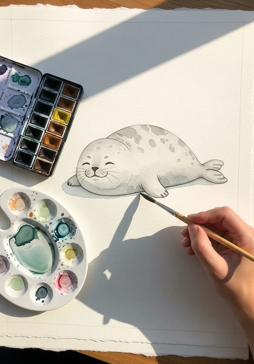 Gray spotted seal pup drawn curled and sleeping with a soft smile in colored pencil