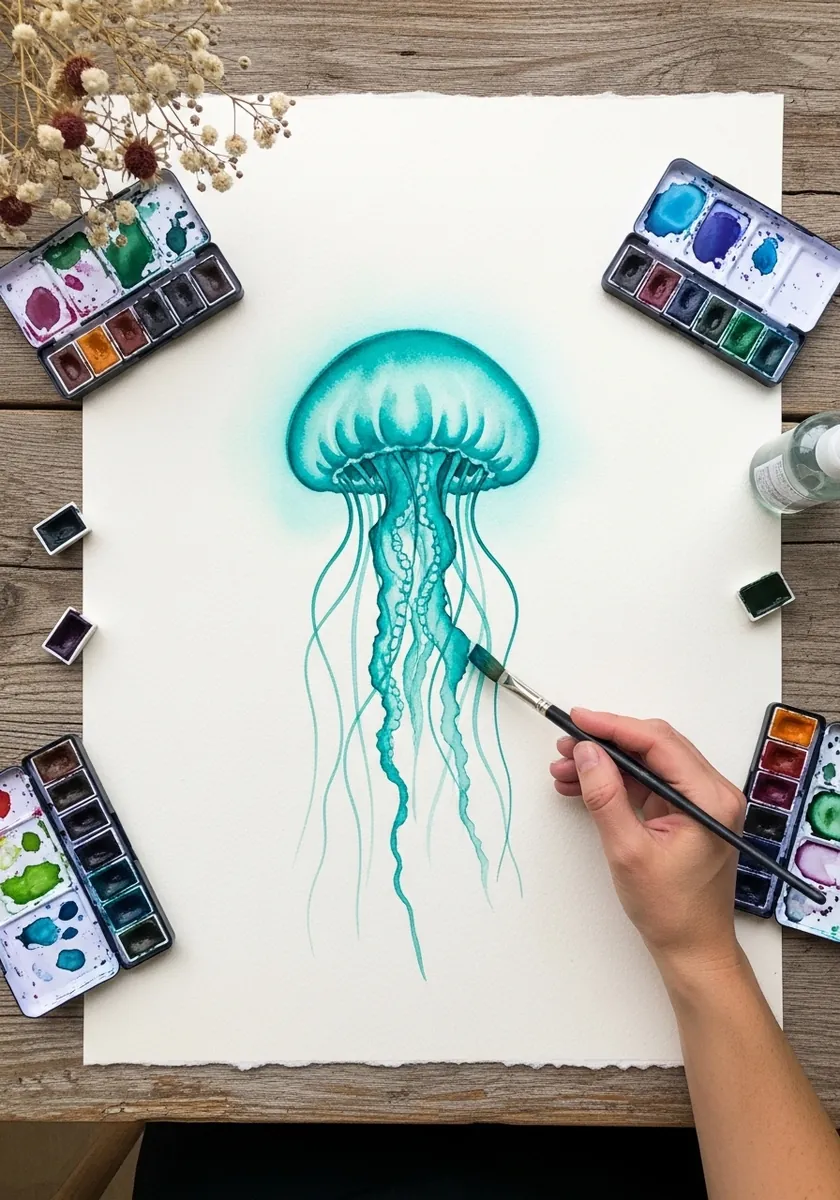 Luminous teal jellyfish with long trailing tentacles painted in watercolor on white paper