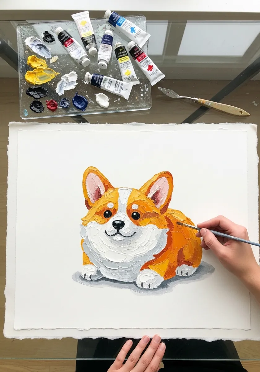 Chubby orange and white corgi painted in gouache sitting in a loaf shape on textured paper