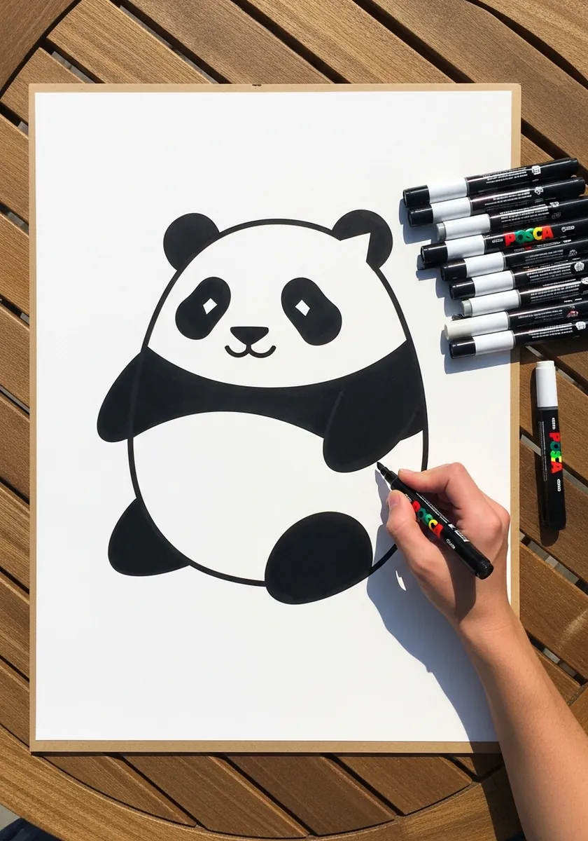 Simple round panda blob drawn in flat black and white marker on plain paper