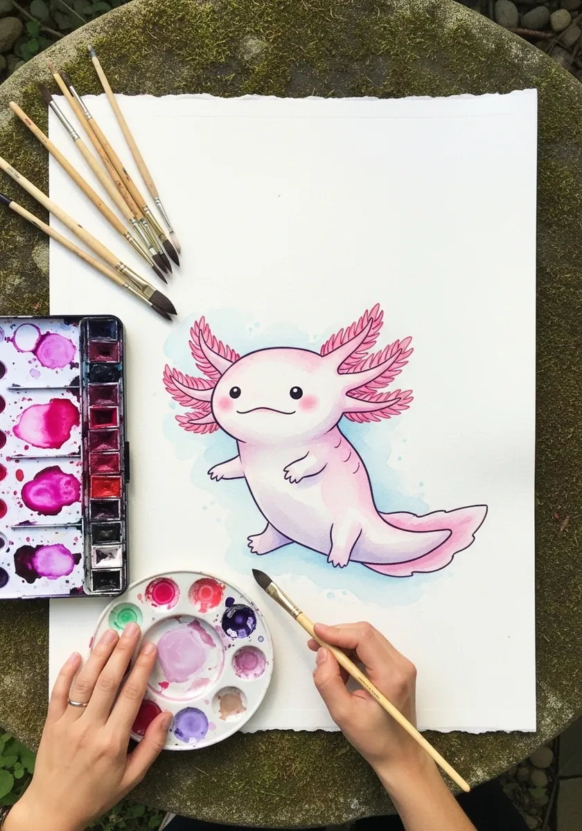 Pale pink axolotl with feathery gills painted in soft watercolor with blue shading