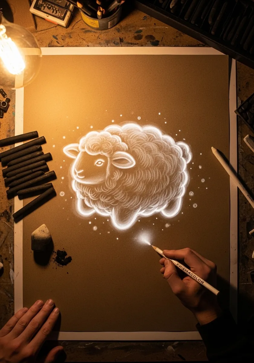 Fluffy white sheep glowing softly against a warm brown background under a lamp