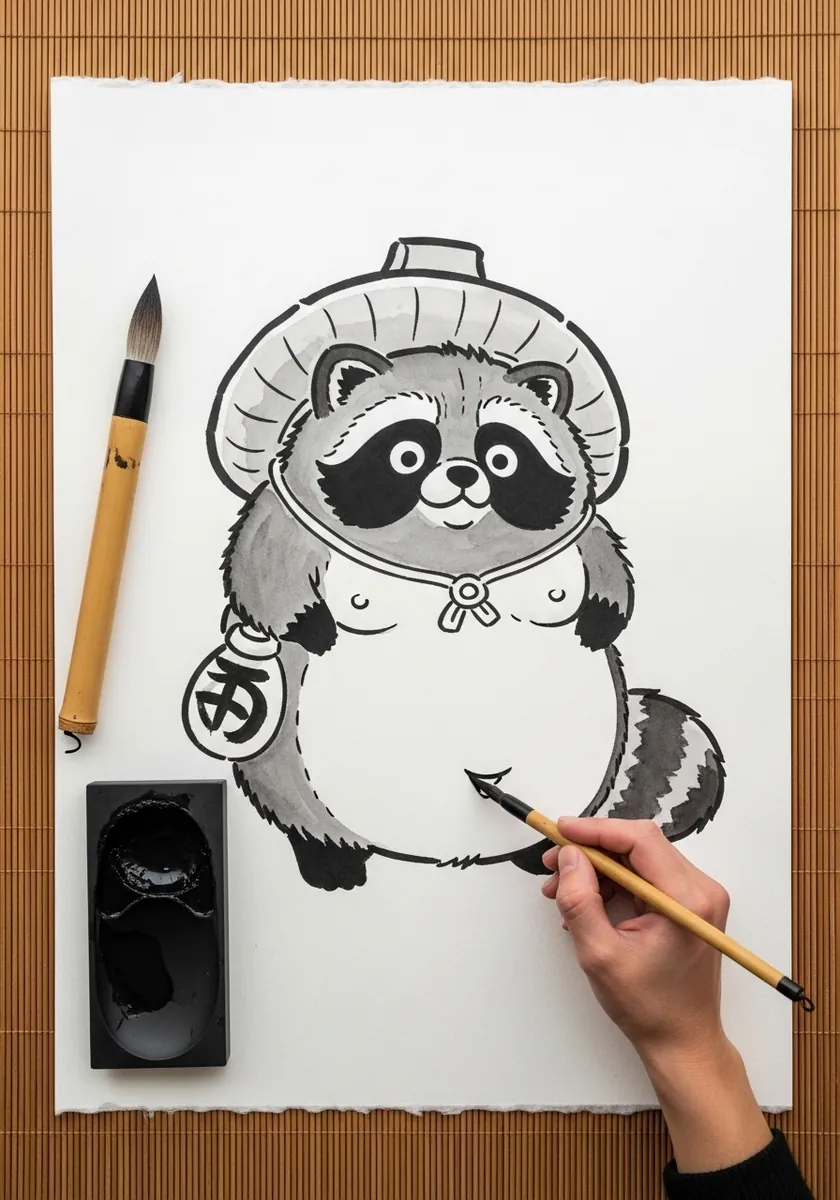Ink brush drawing of a round raccoon character with a hat and a small pouch