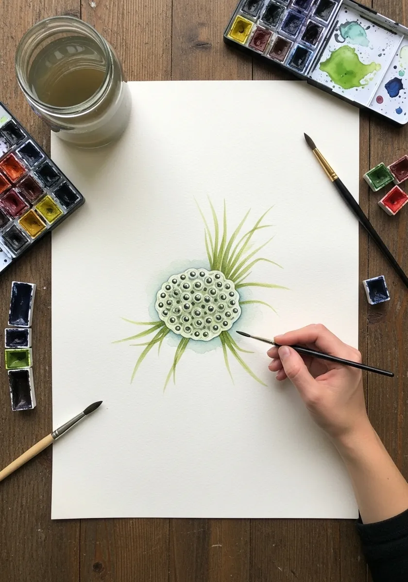 Watercolor drawing of a floating frogspawn cluster with pond plants on white paper