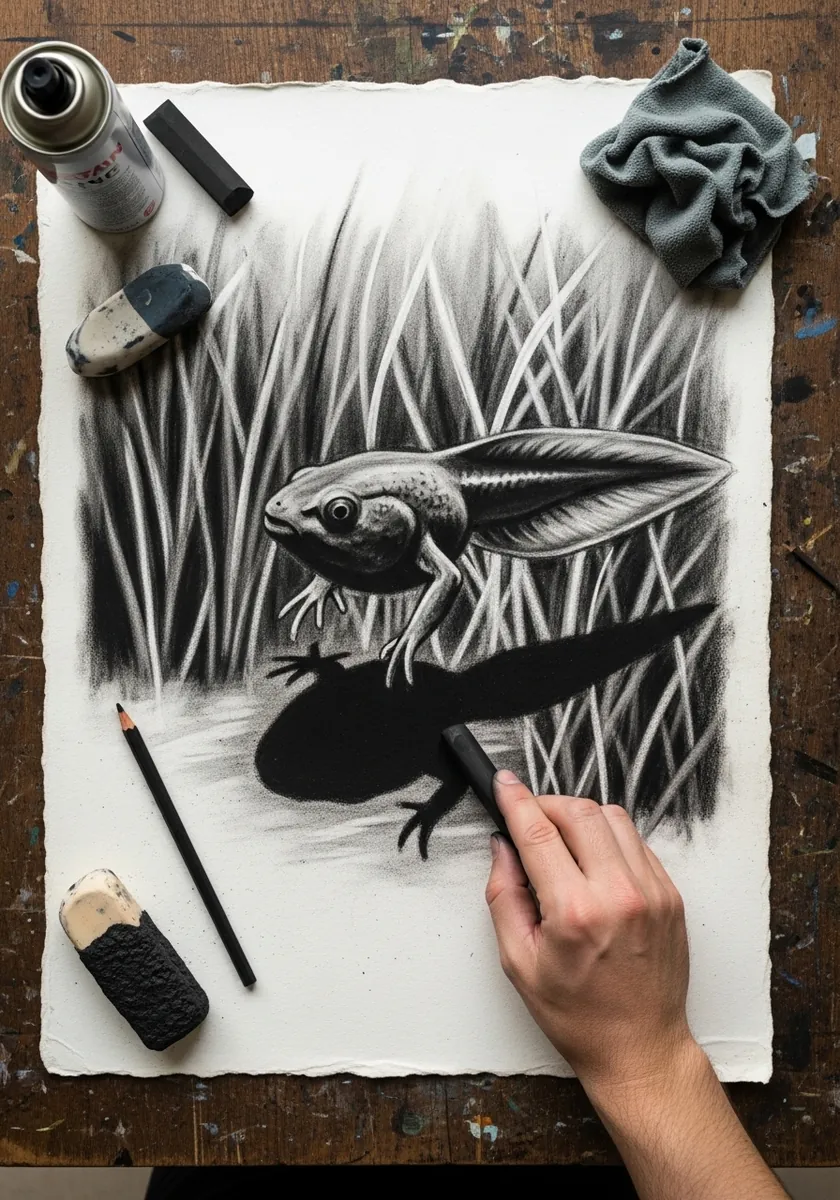 Charcoal drawing of a tadpole among tall pond grasses in strong light and shadow