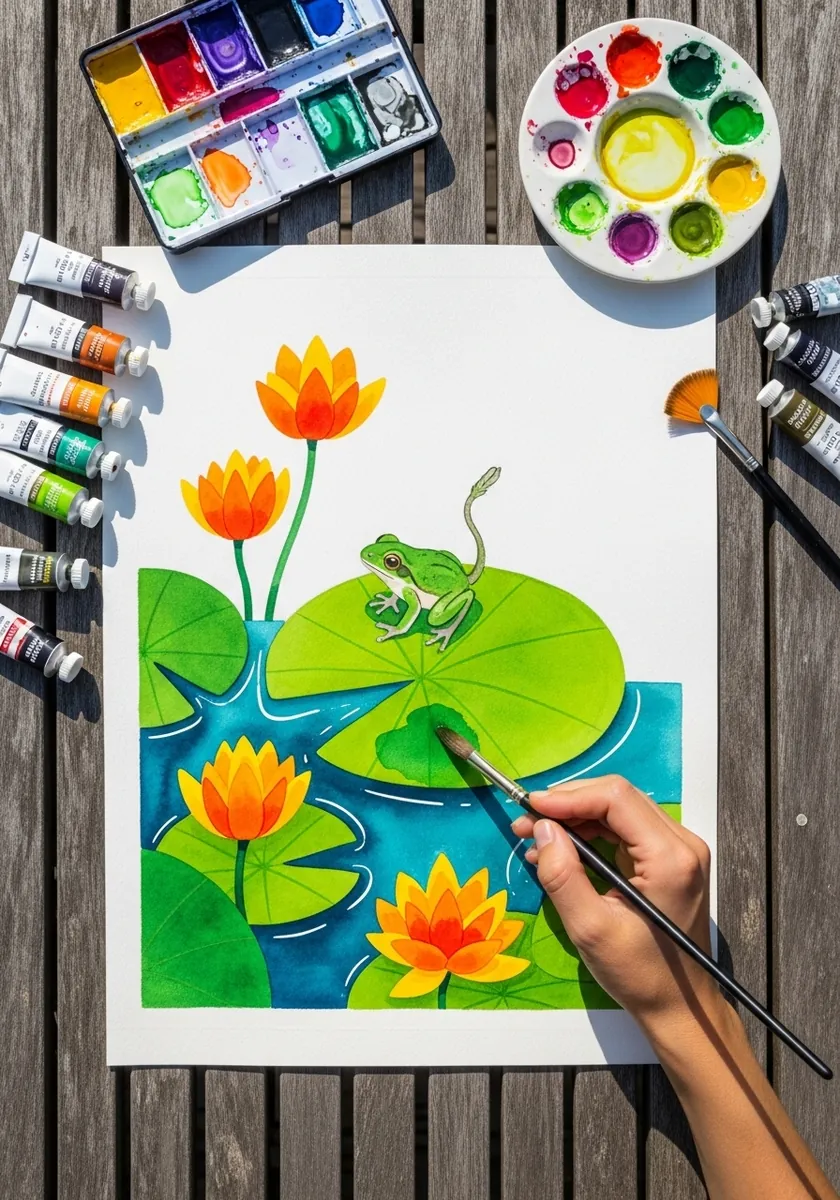 Bright watercolor painting of lily pads, orange lotus flowers and a small green frog