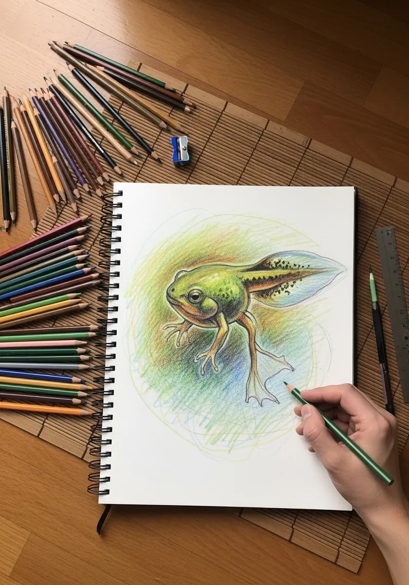 Detailed colored pencil study of a froglet with speckled skin in a spiral sketchbook