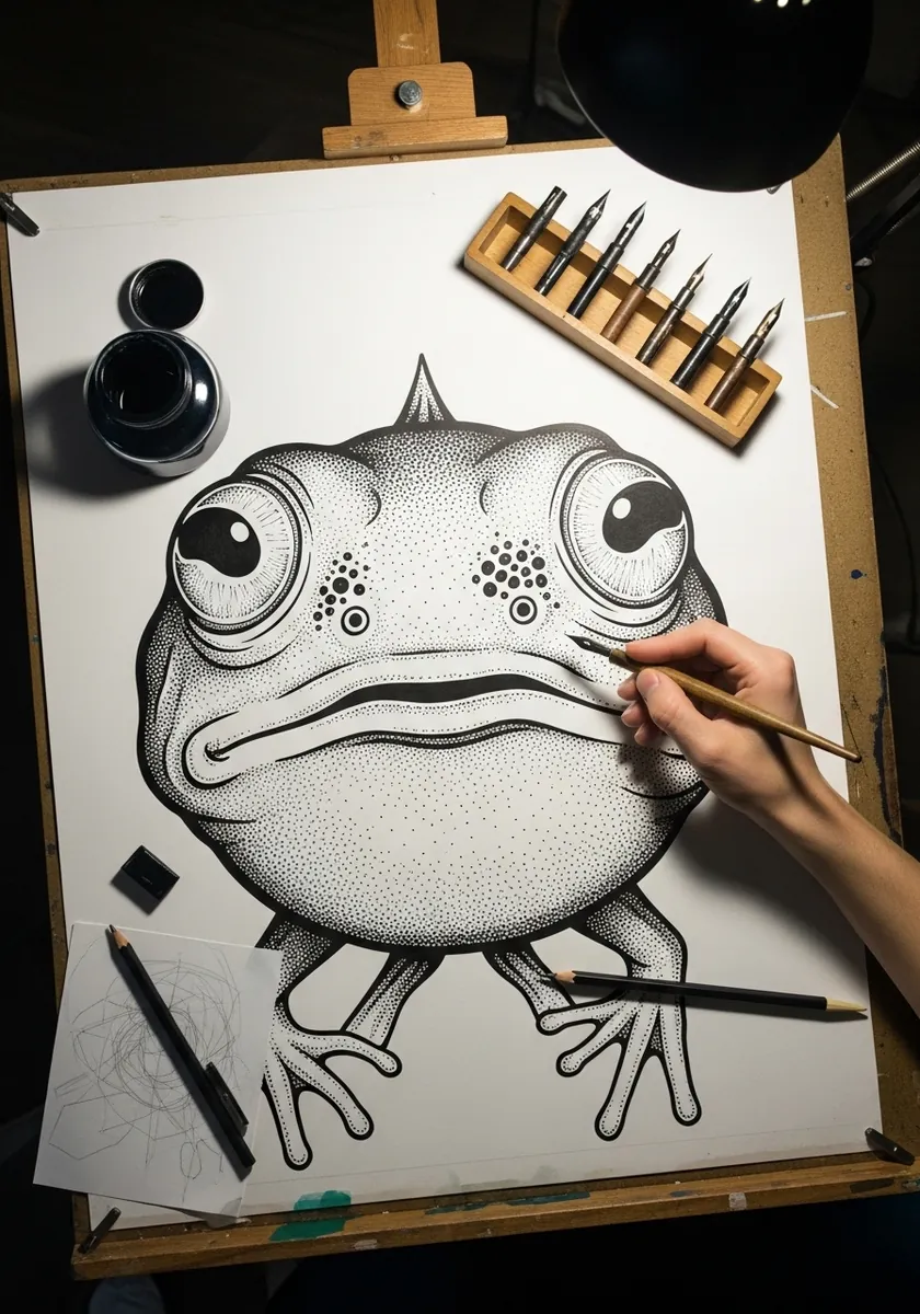 Big black and white ink drawing of a cartoon frog covered in fine stippled texture
