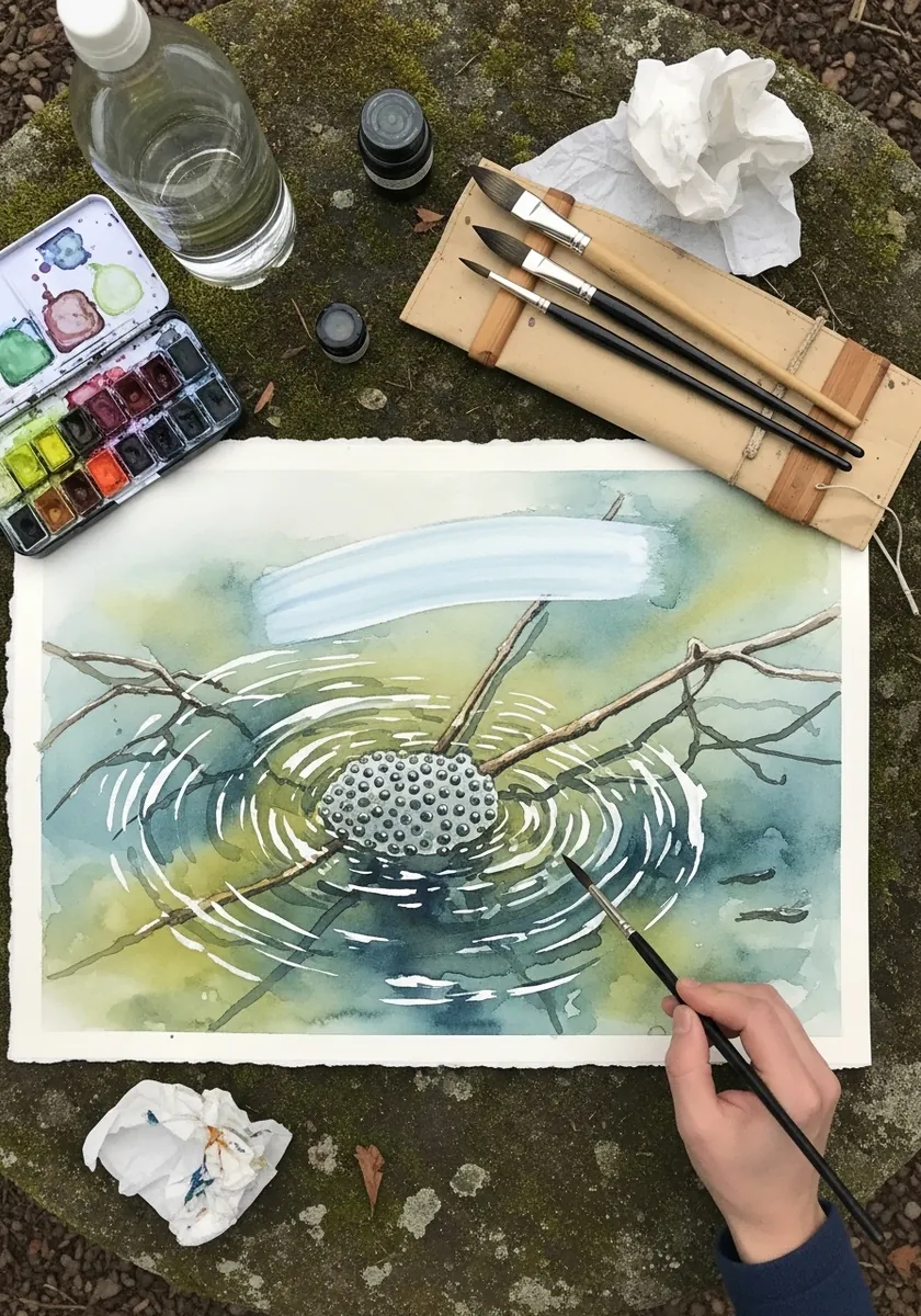 Soft watercolor painting of frogspawn floating in pond water with visible ripples