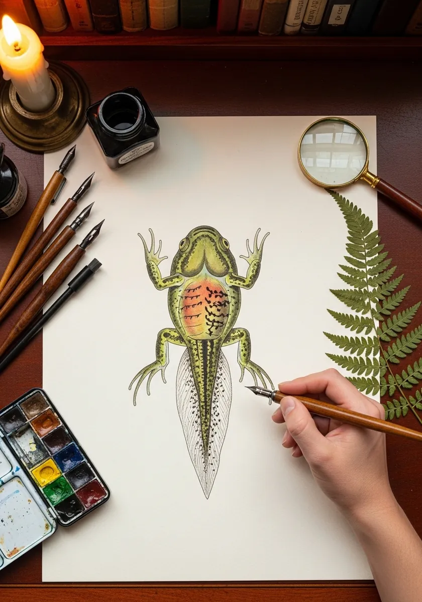 Ink and watercolor botanical style plate of a tadpole beside a fern frond
