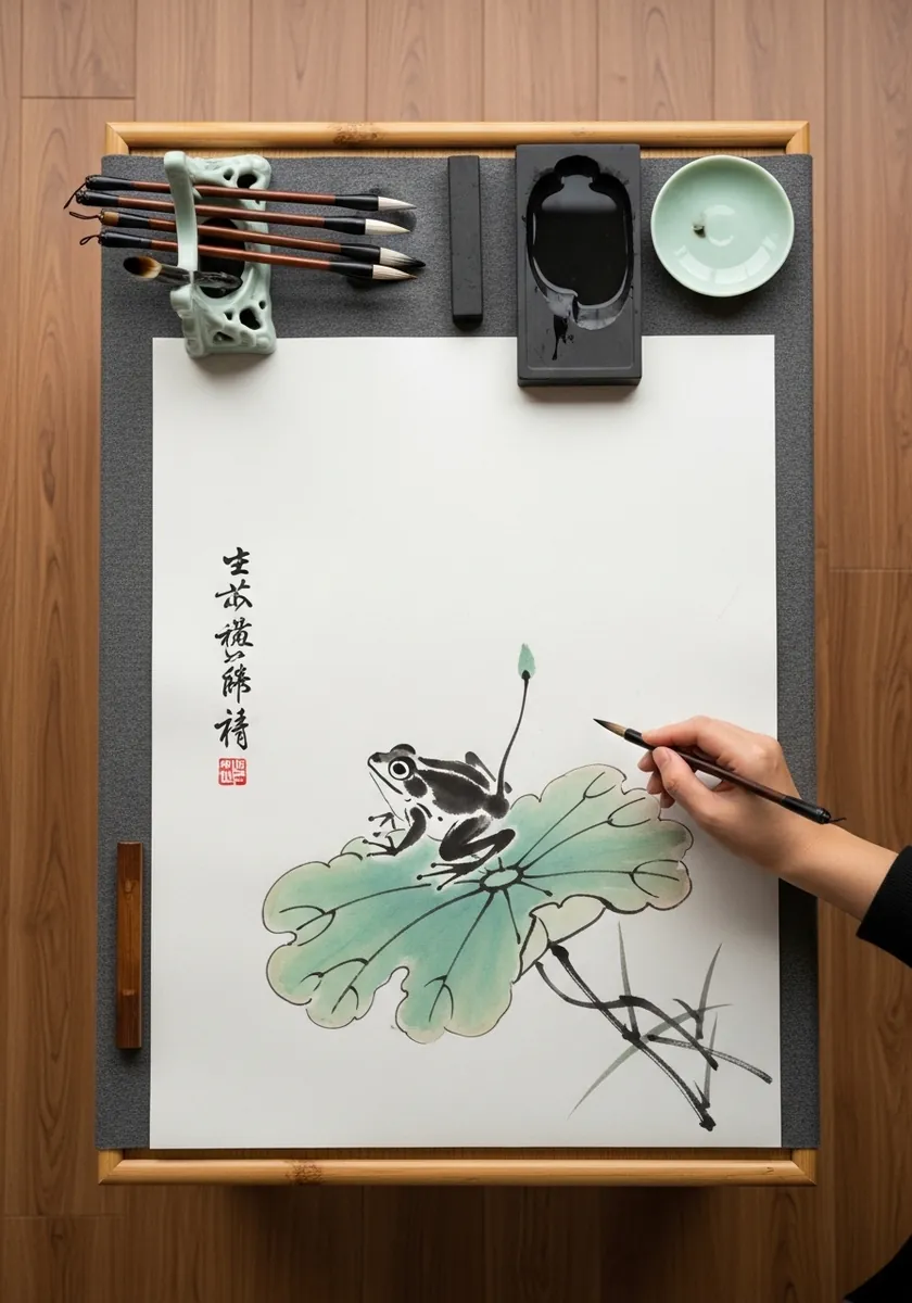 Minimal Japanese brush painting of a tadpole and lily pad with a red seal stamp