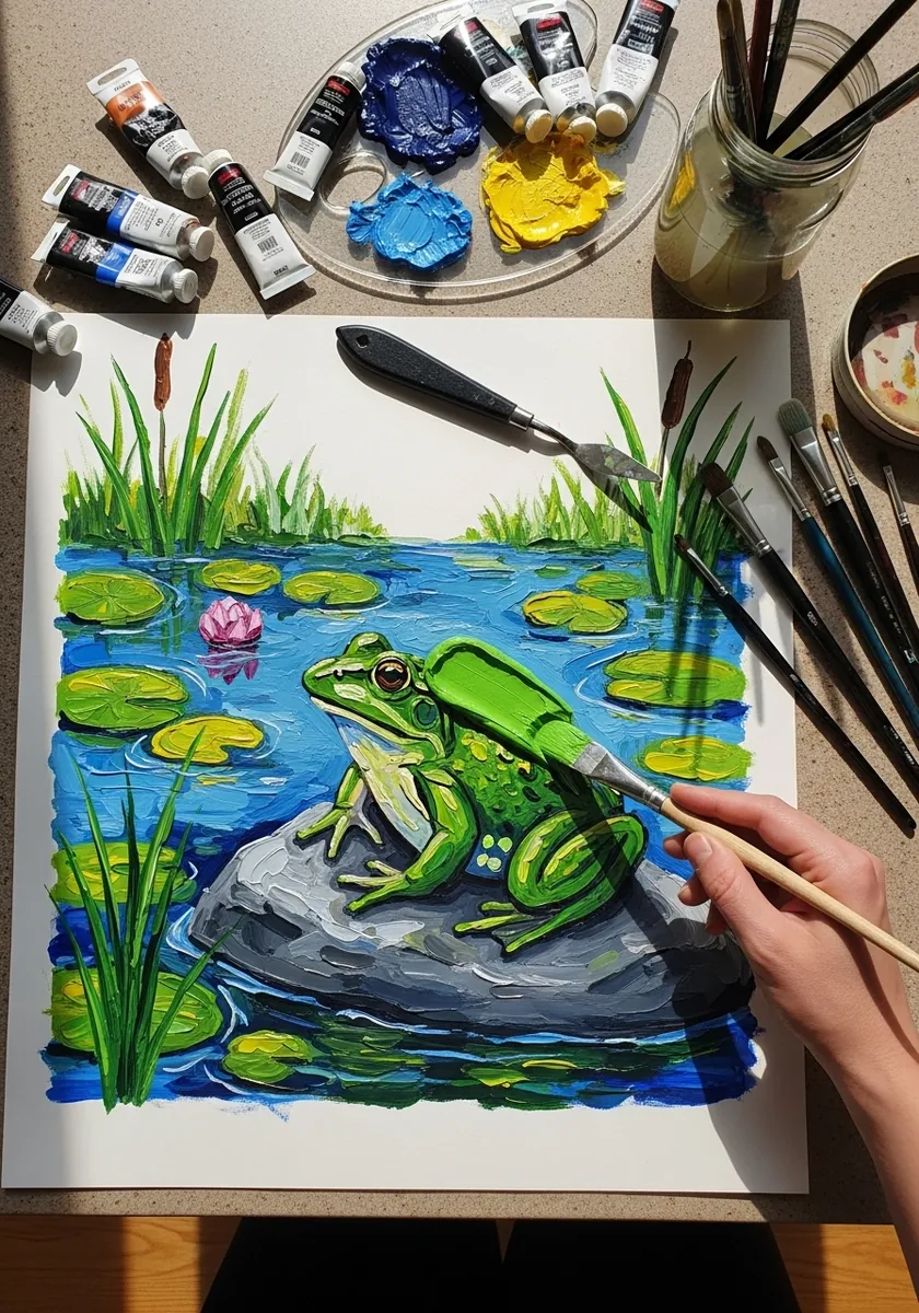 Thickly painted acrylic frog sitting on a rock among green reeds and pond water