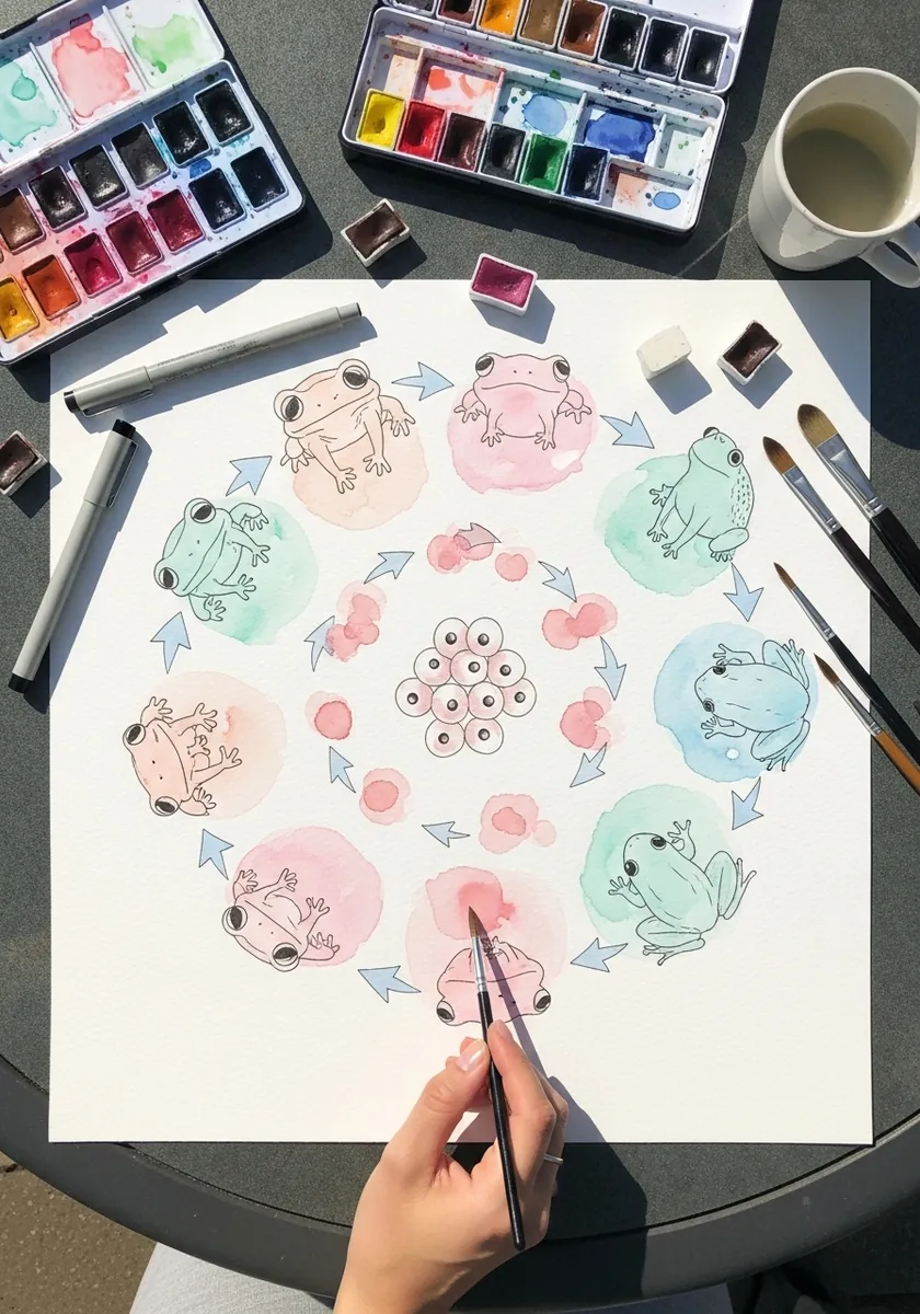 Circular life cycle design in soft pink and mint tones with frogs and eggs arranged in a ring
