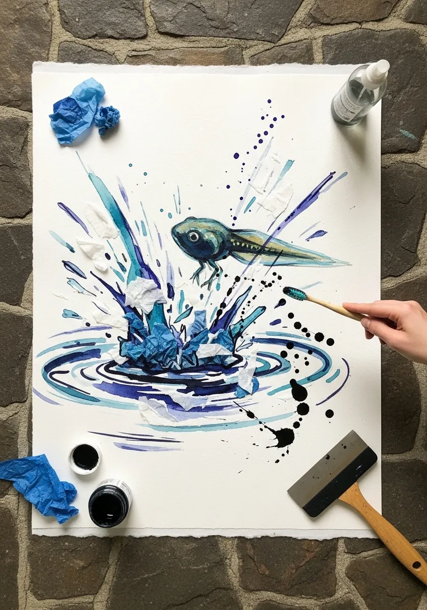 Bold blue ink painting of a tadpole with dramatic splashes and drips across the page