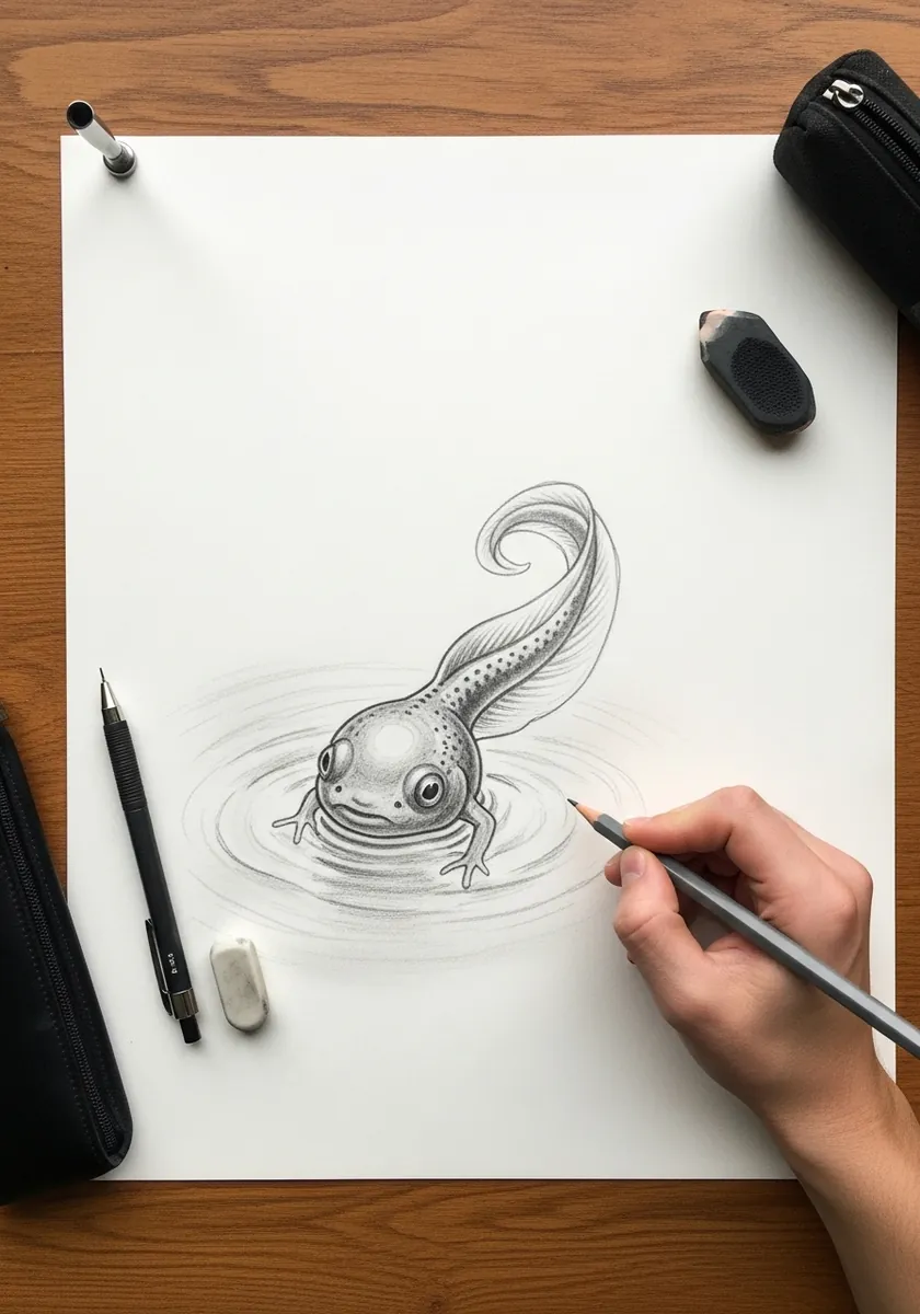 Graphite drawing of a single tadpole with swirling motion lines around it in a sketchbook
